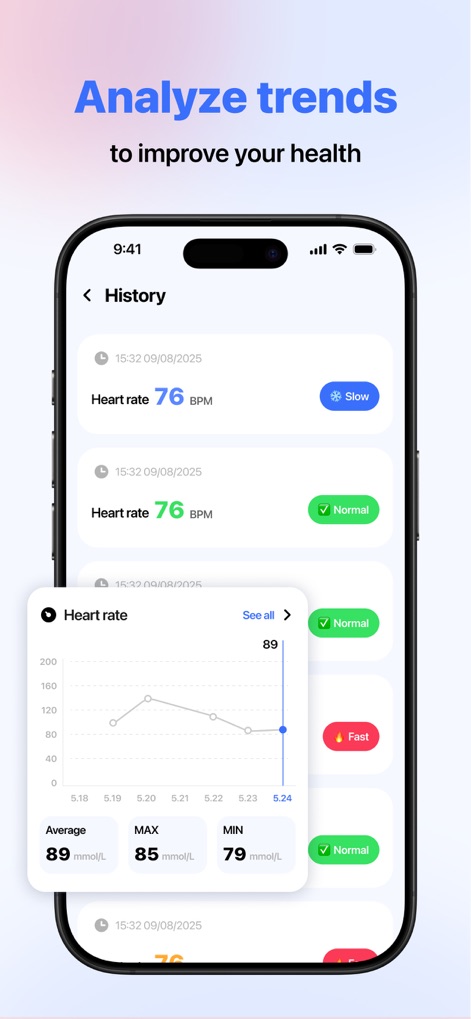CardiaLink-Heart rate&Health - The app offers robust historical analysis, allowing users to review their heart rate history with status indicators and detailed trend graphs showing average, max, and min values.