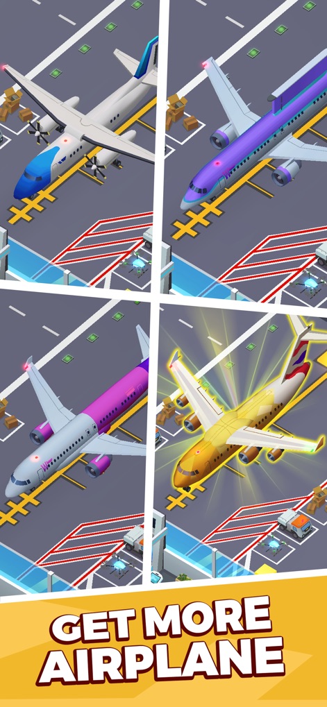 Idle Airport Empire Tycoon - Examine a varied collection of colorful aircraft on the tarmac and the organized ground markings, highlighting the growth of the airline's fleet.