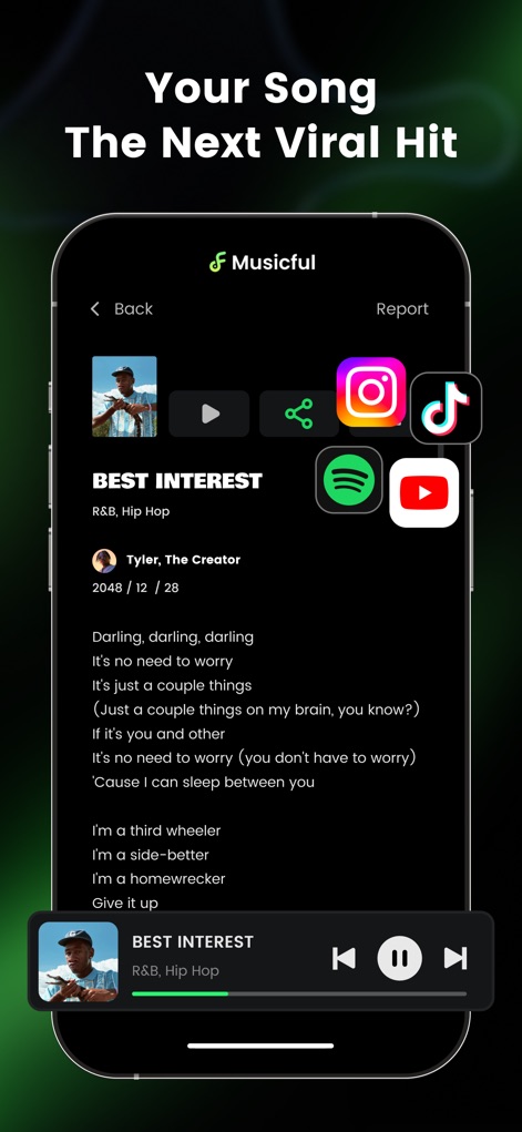 AI Song Generator - Musicful - This screen highlights the seamless integration with social platforms, enabling users to share their creations directly to popular services like Instagram and TikTok for broader audience reach.
