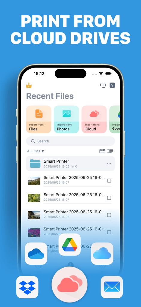 Smart Printer App · Air Print - Los usuarios acceden y gestionan sus archivos recientes desde diversas plataformas en la nube, como iCloud y Google Drive, facilitando la impresión directa.