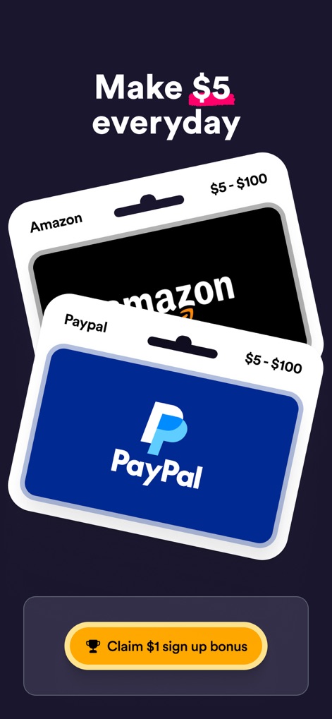 Survey Spin: Get paid cash! - This initial screen highlights the app's core value proposition, displaying popular cash-out methods like Amazon and PayPal gift cards and a clear "Claim $1 sign up bonus" button.