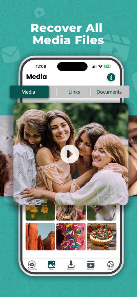 WAMR Recover Deleted Messages - The app presents a well-organized "Media" tab, allowing users to browse recovered photos and videos within a clear grid of thumbnails.