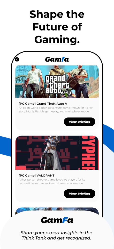 GamFa: Notes, Games & Perks - The "Think Tank" module features detailed "Game Briefings" for popular titles such as "Grand Theft Auto V", inviting users to share their expert insights.