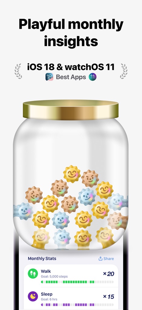 GrowPal: Health & Fitness - Users receive engaging monthly insights, visually represented by collected 'Perfect Days' in a jar and clear monthly stats for walk and sleep goals.