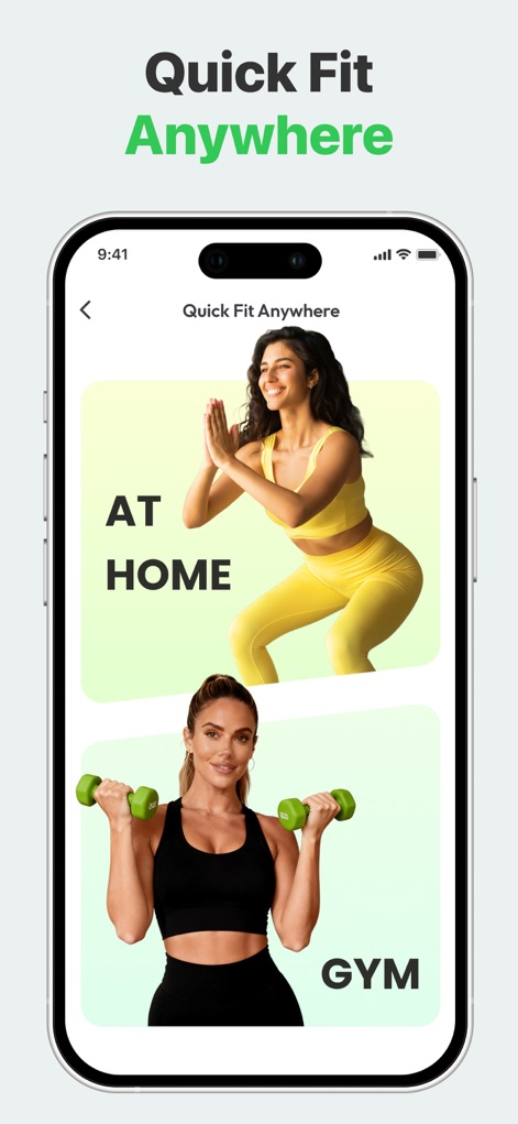 7 Minute Workout: Exercise App - La aplicación permite a los usuarios entrenar cómodamente, mostrando opciones de ubicación de entrenamiento como "AT HOME" y "GYM", evidenciando su adaptabilidad a diferentes entornos sin restricciones.