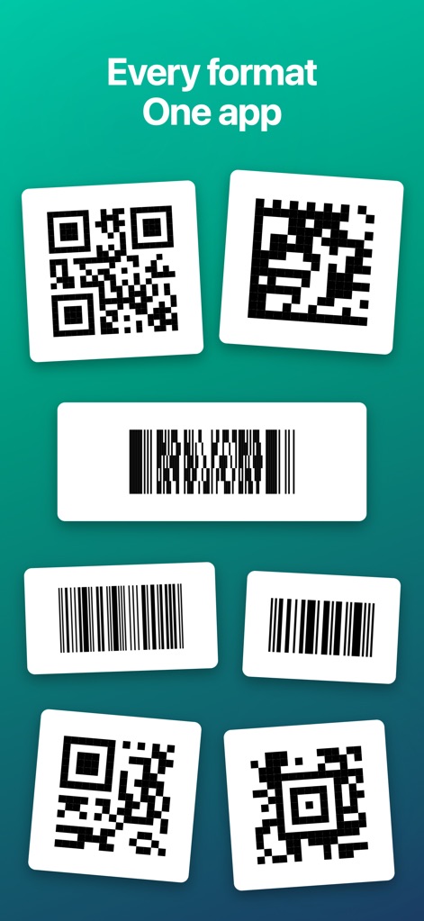 Qrafter: QR Code Reader - This screenshot highlights the app's capability to recognize a wide array of codes, from standard QR and Micro QR formats to diverse barcode types like Data Matrix and EAN-13.