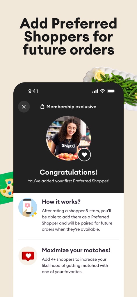 Shipt: Order Grocery Delivery - Nutzer können bevorzugte Shopper für zukünftige Bestellungen speichern, eine exklusive Funktion für Mitglieder, die durch eine Bestätigung und eine Erklärung zur Funktionsweise des Dienstes dargestellt wird.