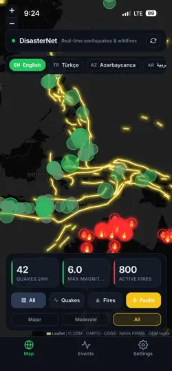 Capture d'écran de DisasterNet — Quakes & Fires sur iPhone 4