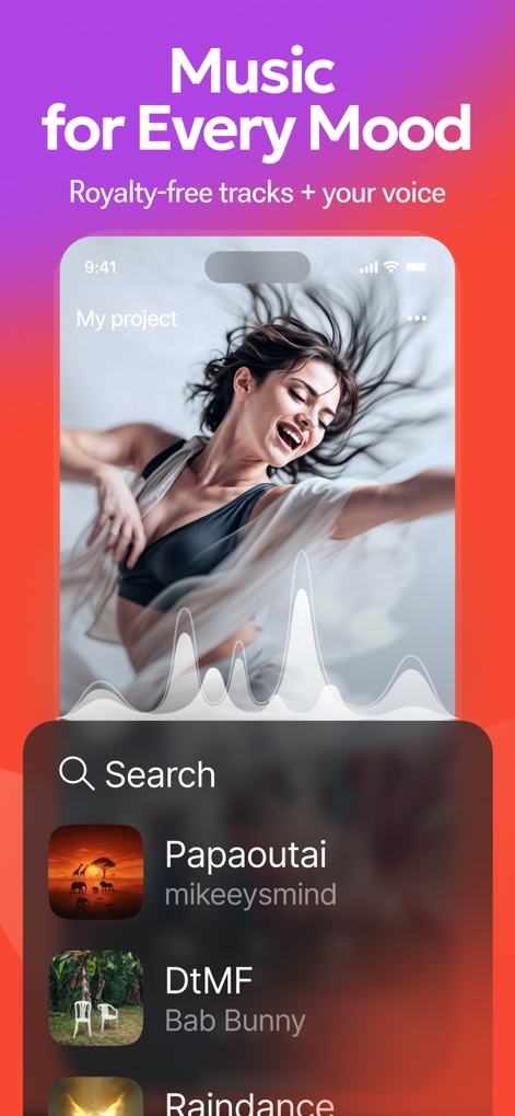 CutStory: IG Reels & Captions - 이 도구는 사용자의 영상에 분위기를 더할 로열티 프리 음악 라이브러리를 제공하며, 검색 기능을 통해 특정 아티스트나 곡을 쉽게 찾아 적용할 수 있습니다.