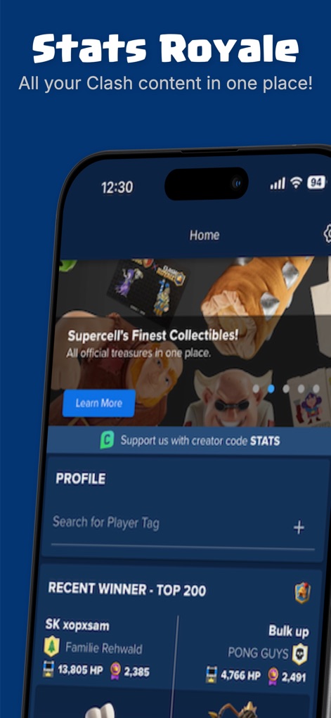Stats Royale for Clash Royale - La pantalla principal ofrece una búsqueda rápida de perfiles de jugadores por su tag y muestra una lista de los "Recent Winner - Top 200", facilitando el seguimiento de los mejores.
