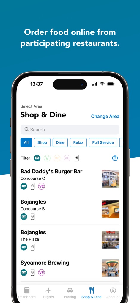 CLT Airport - A seção "Shop & Dine" apresenta uma lista de estabelecimentos, como "Bad Daddy's Burger Bar" e "Bojangles", com filtros e uma barra de busca para personalização.