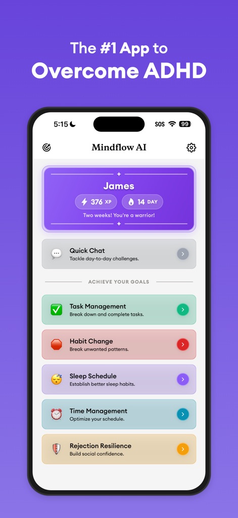 Mindflow AI: Overcome ADHD - L'app mostra una dashboard personalizzata con il nome dell'utente e il "14 DAY" di progresso, offrendo sezioni mirate come "Task Management" e "Rejection Resilience" per affrontare le sfide quotidiane dell'ADHD.