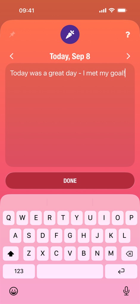Streaks - Users can easily document their daily journey with the integrated notes section, featuring a spacious text input field and a prominent "Done" button for saving reflections.