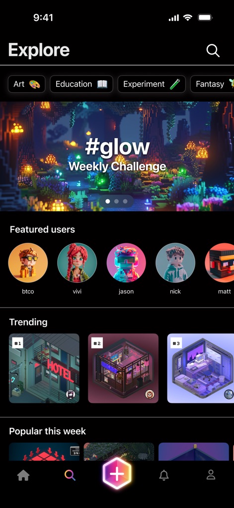 Rooms - The explore section offers categorized browsing through themes like 'Art' and 'Education', along with dynamic 'Trending' and 'Popular this week' sections for fresh content.