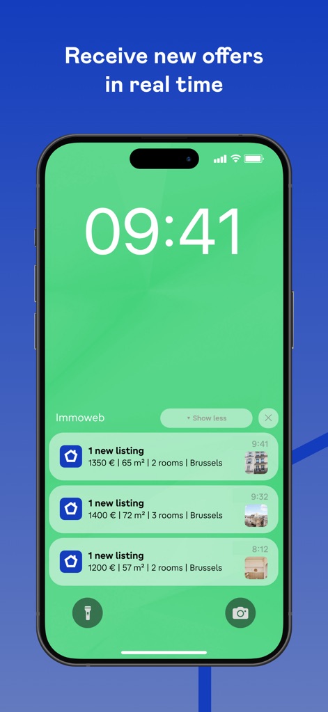 Immoweb - Die App gewährleistet, dass Nutzer keine neuen Angebote verpassen, indem sie Echtzeit-Benachrichtigungen mit präzisen Details wie "1 new listing" und der sofort sichtbaren Angabe von Preis und Größe sendet.
