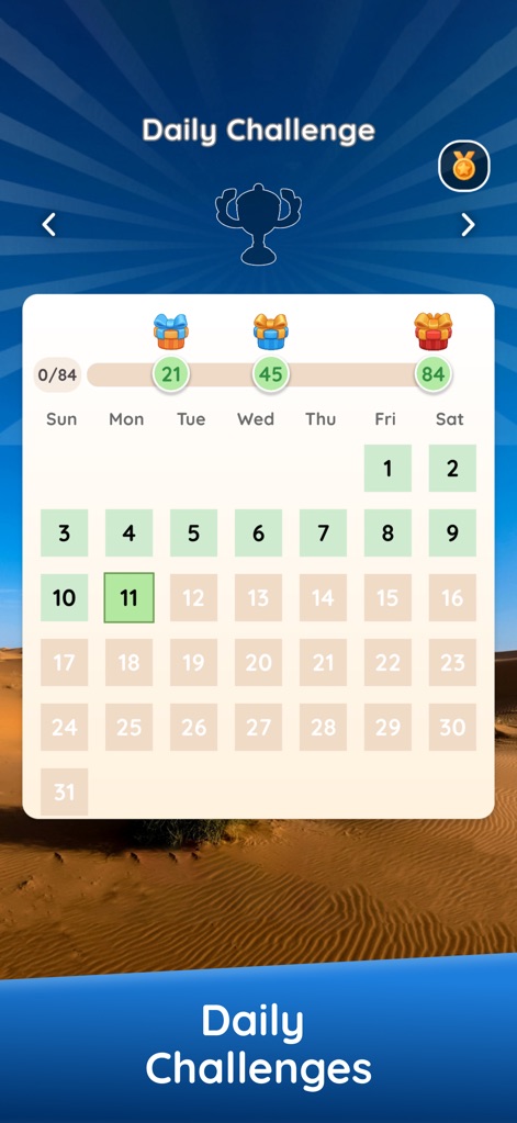 Zen Math Crossword - The app motivates consistent engagement through its daily challenge calendar, showcasing progress and rewarding streaks with exciting gift boxes.