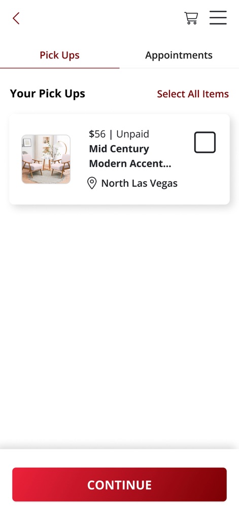 Nellis Auction - Users can conveniently manage their won items on the 'Your Pick Ups' screen, featuring an item thumbnail and a checkbox for selection.
