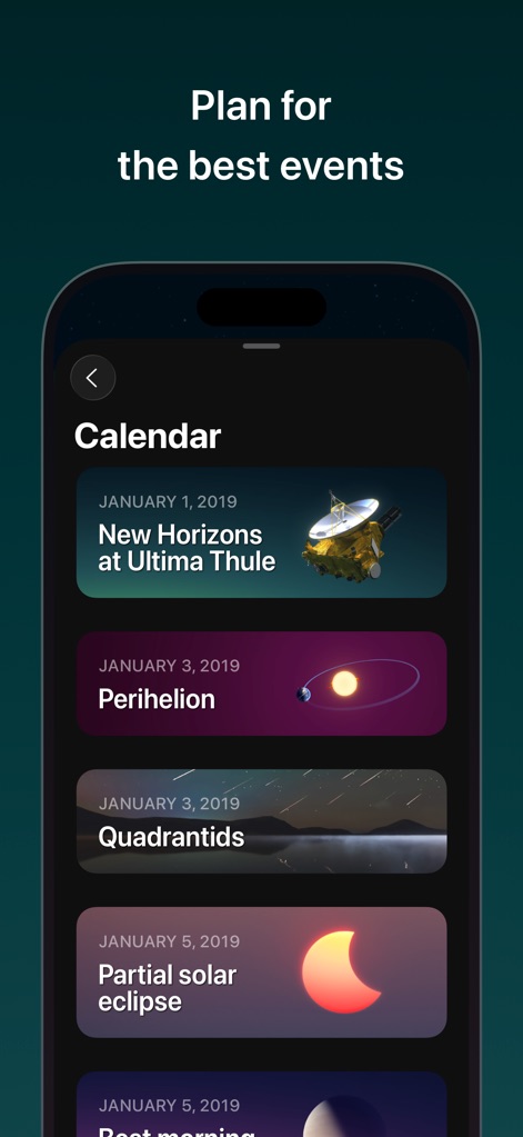 Sky Guide - El "Calendar" de la aplicación es una característica clave para planificar, mostrando eventos significativos como el "Perihelion" y el "Partial solar eclipse" con fechas específicas.