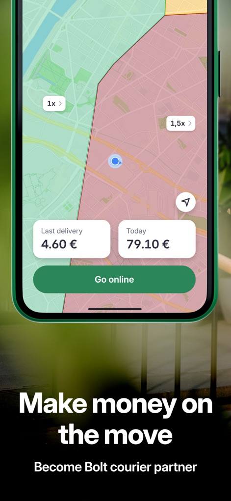 Bolt Food Courier - L'app mostra zone con moltiplicatori di guadagno (come "1x" e "1,5x") e un riepilogo immediato dei guadagni giornalieri ("Today 79.10 €"), permettendo agli utenti di monitorare e massimizzare i profitti in tempo reale.