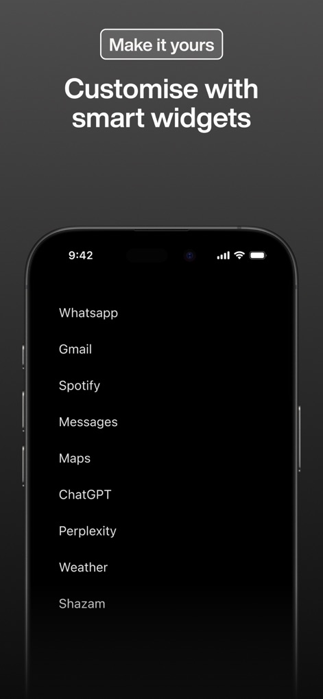 minimalist phone ® - The app allows customization through a text-based list of essential applications like WhatsApp and Gmail, alongside a clear prompt to 'Customise with smart widgets'.