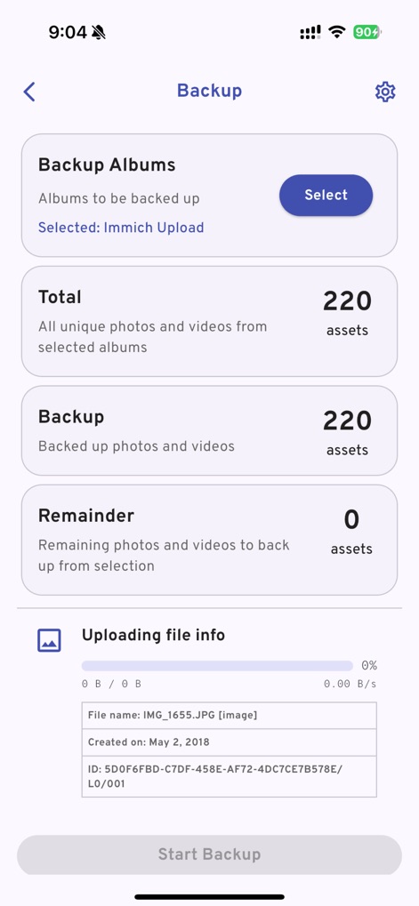 Immich - This tool provides comprehensive backup control, showing both the "Backup Albums" selection and a clear "Total" count of assets to be managed.