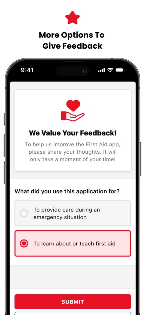 First Aid: American Red Cross - La aplicación invita a la mejora continua a través de su sección 'We Value Your Feedback!', donde los usuarios pueden contribuir con sus percepciones seleccionando opciones de radio para indicar el propósito de su uso.