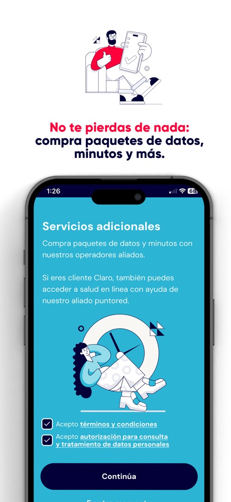 dale! Colombia - Beyond banking, this tool provides 'Servicios adicionales' to purchase data packages and minutes, and even offers health services through 'puntered' for Claro clients.