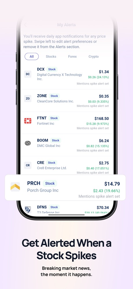 Stocks.News－Market Alerts App Store screenshot 3, headline “Get Alerted When a Stock Spikes”. Zoomed detail of the UI.