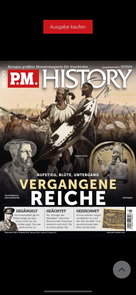 PM Magazin - 이 화면은 'P.M. History' 매거진의 매혹적인 역사적 커버 이미지와 'VERGANGENE REICHE'라는 제목을 선명하게 보여주며, 하단에 기사별 요약 정보를 통해 사용자에게 깊이 있는 내용을 미리 전달합니다.