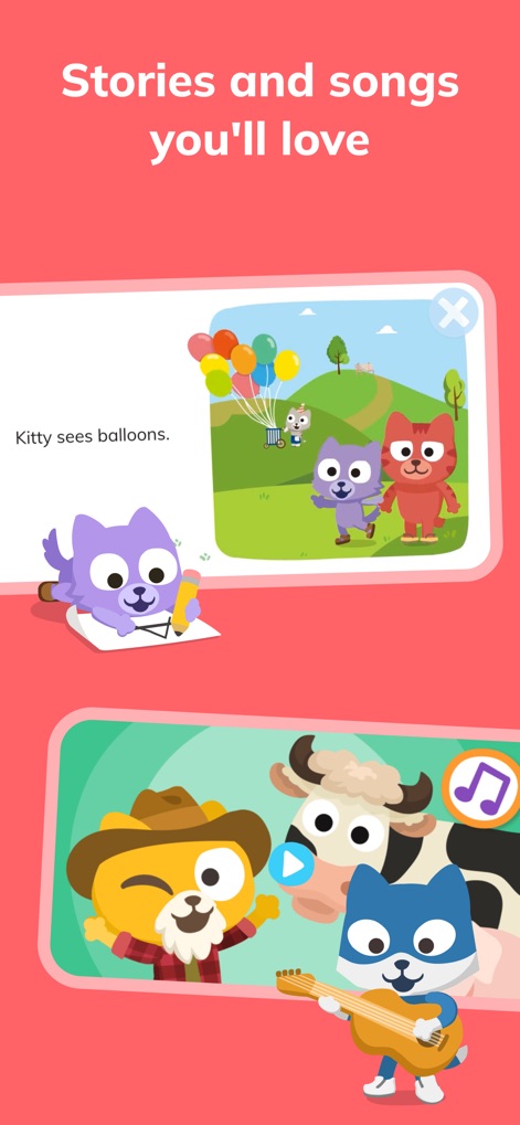 Learn English – Studycat - Children enjoy rich English content through engaging illustrated stories like 'Kitty sees balloons' and interactive musical activities featuring animated characters and instruments.