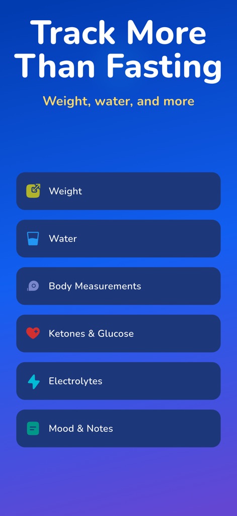 Fasting Tracker • Easy Fast - Users can monitor a range of health metrics, from fundamental 'Weight' and 'Water' tracking to advanced measurements like 'Ketones & Glucose' and 'Electrolytes'.