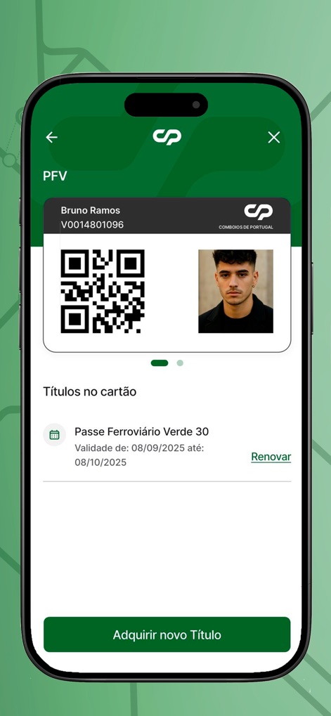 Comboios de Portugal - L'application permet la gestion du « Passe Ferroviário Verde » avec sa date de validité visible, offrant une option « Renouveler » pour une commodité accrue.