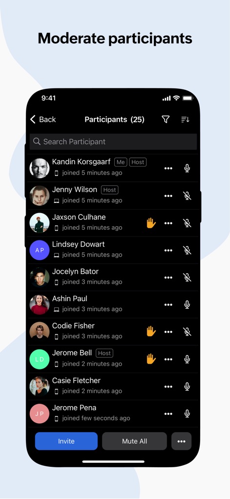 Zoho Meeting - Online Meetings - Les hôtes gèrent efficacement la réunion via la liste des participants détaillée, offrant des options de modération précises pour le son ou la suppression.
