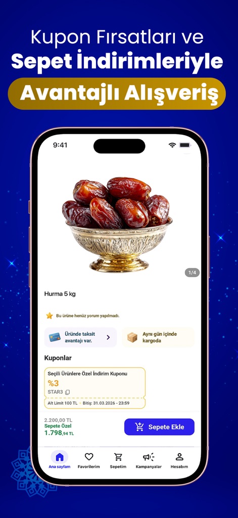 pttavm - Online Alışveriş - Los usuarios pueden explorar los detalles de los productos, como "Hurma 5 kg", y aplicar "cupones de descuento" específicos del carrito, notando también la disponibilidad de "ventajas de pago a plazos".