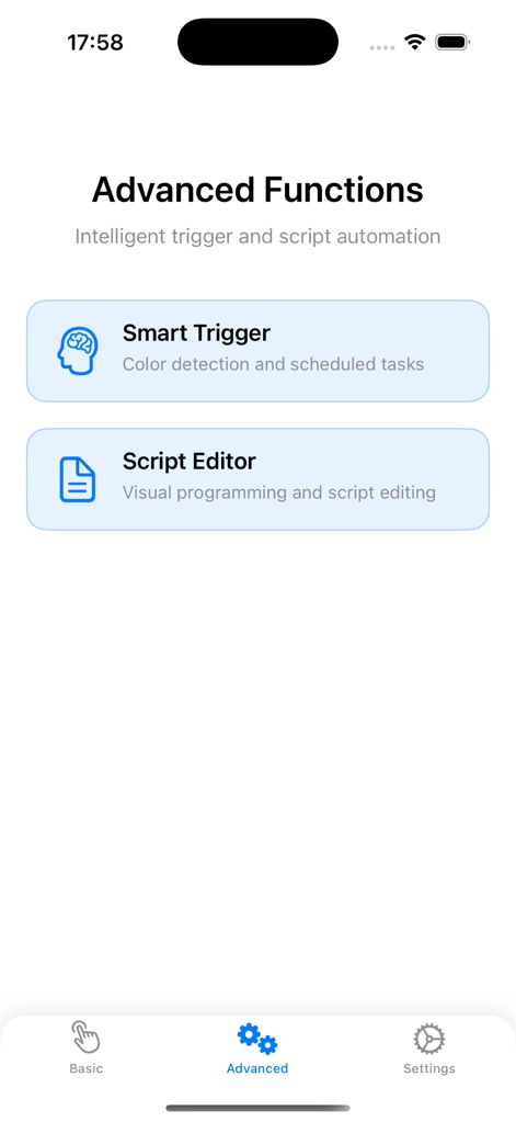 Auto Clicker - Automatic Tap Q - Die Sektion 'Advanced Functions' präsentiert leistungsstarke Optionen wie den 'Smart Trigger' für intelligente Auslösung und den 'Script Editor' zur visuellen Programmierung.