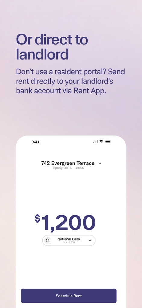 Split Pay by Rent App - The app supports direct payments to landlords, showing users the property address like '742 Evergreen Terrace' and allowing them to 'Schedule Rent' effortlessly for their total amount.