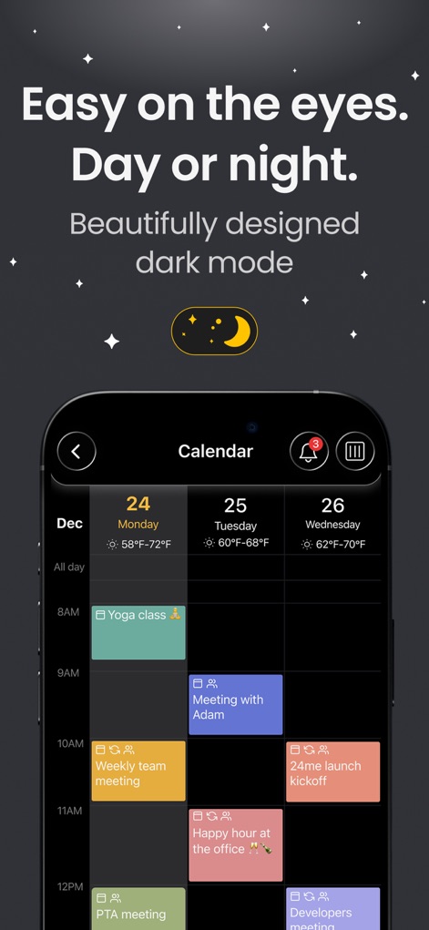 24me: Calendar・Planner & To Do - ダークモードインターフェースは夜間の使用に適しており、カレンダーイベントは暗い背景に映えるカラーコードで表示され、視覚的な快適さを提供します。