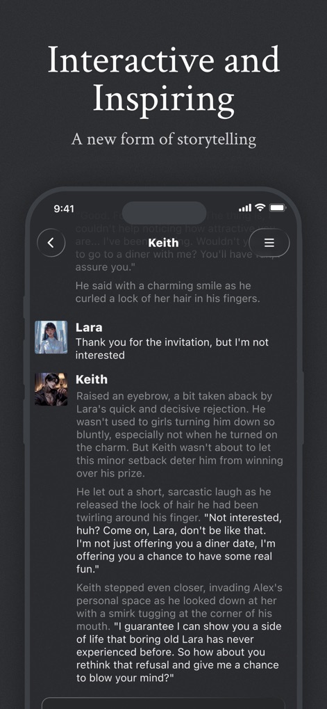 Janitor AI - Official App - La interfaz de chat interactivo sumerge a los usuarios en narrativas cautivadoras, mostrando interacciones dinámicas entre personajes como Lara y Keith y un diseño limpio de la conversación que facilita la inmersión.