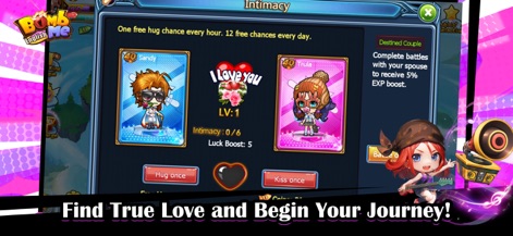 Bomb Me English - Die App bietet ein einzigartiges Intimitätssystem, bei dem Spieler Beziehungen aufbauen können, dargestellt durch die Profile von "Sandy" und "Trula", und Emotionen wie Umarmen oder Küssen ausdrücken.