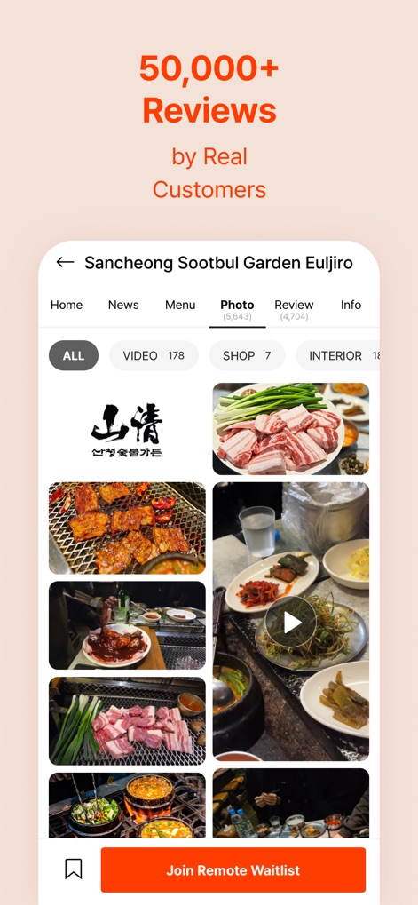 CATCH TABLE: Book Restaurants - Discover genuine dining experiences through a comprehensive "gallery of customer photos and videos", offering visual insights into the "restaurant's interior and dishes".