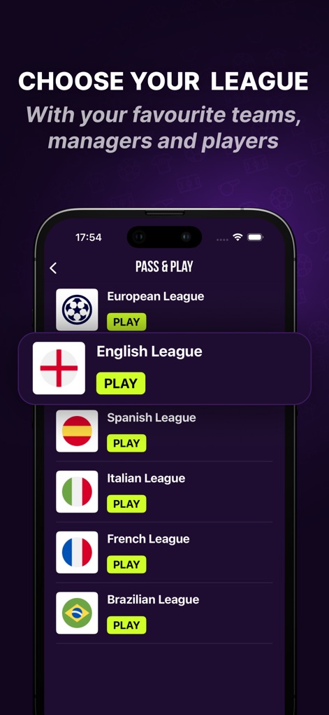 Tiki Taka Toe - Gli utenti selezionano la propria lega preferita da un elenco dettagliato, che include bandiere nazionali e il pulsante "PLAY", permettendo loro di immergersi immediatamente nel gioco.