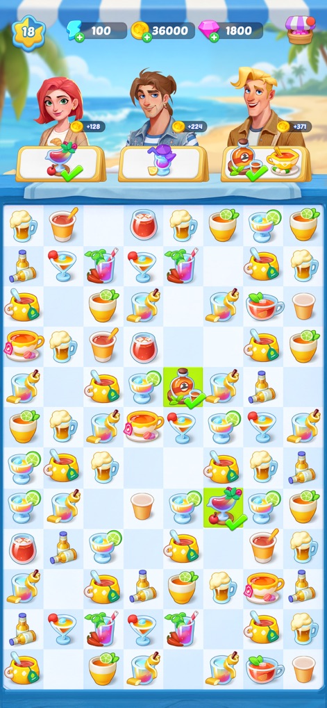 Mystery Town: Merge Games - Users can enjoy vibrant tropical beverage items on a clear merge board, interacting with character avatars displayed prominently at the top.
