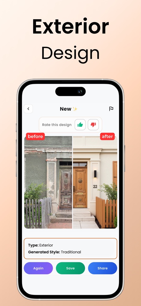 DecorAI: AI Interior Design - The app allows for comprehensive exterior design overhauls, displaying a detailed before and after view and specifying the 'Generated Style: Traditional'.