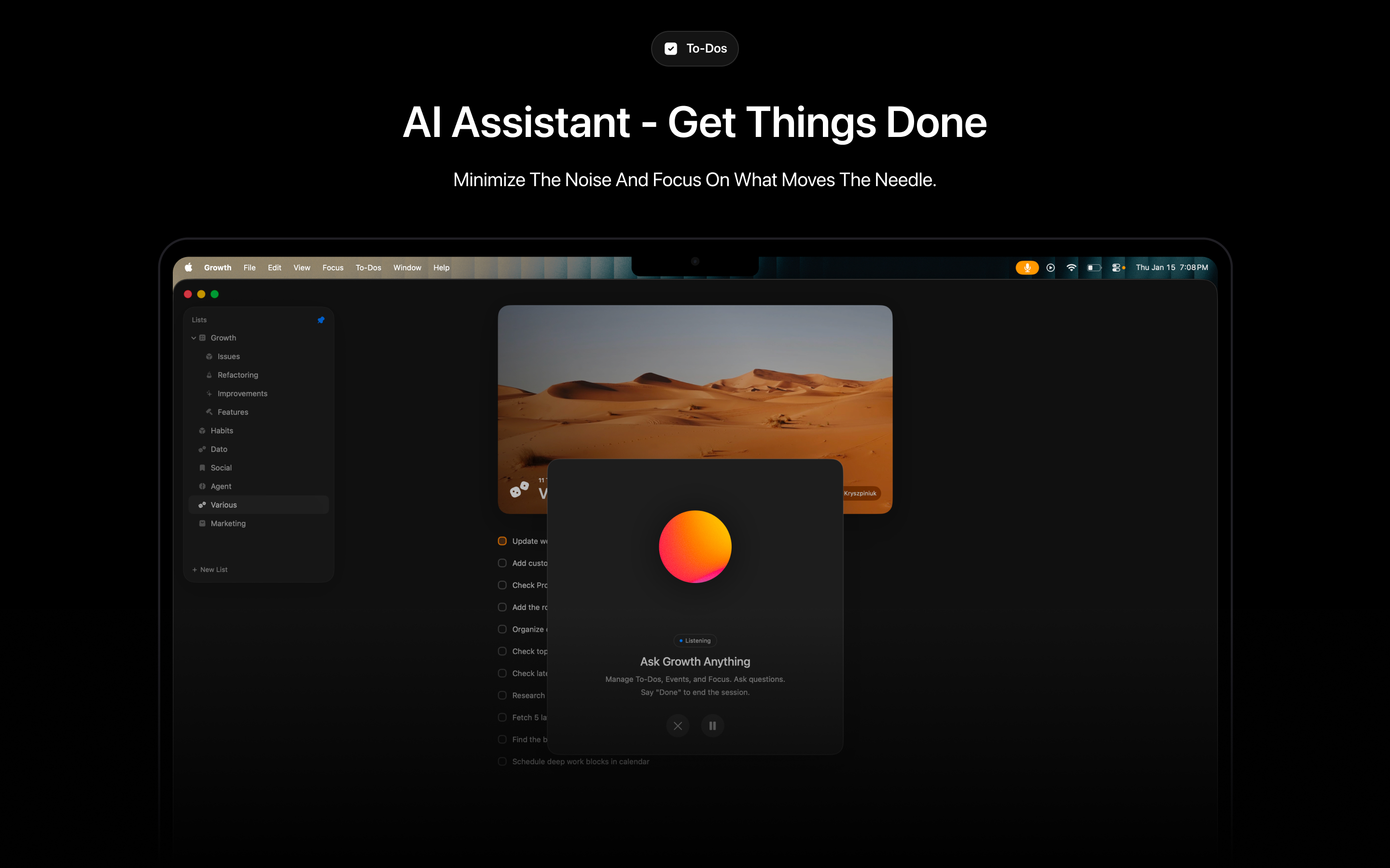 Growth To-Dos, Calendar, Focus