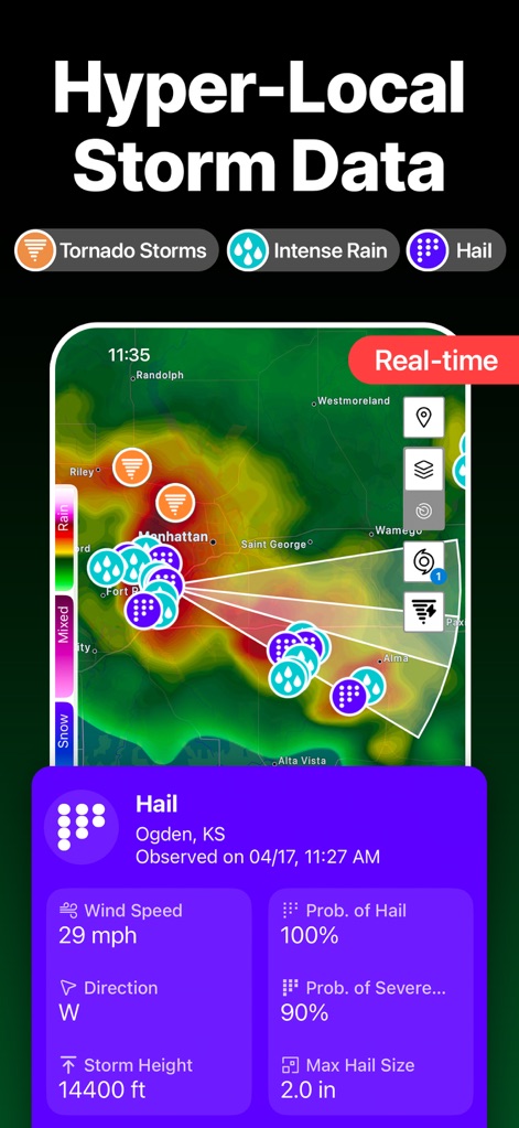 SKAI - NOAA Weather Radar - This tool offers hyper-local storm data, displaying storm cell movement and specific details like hail probability and maximum hail size.