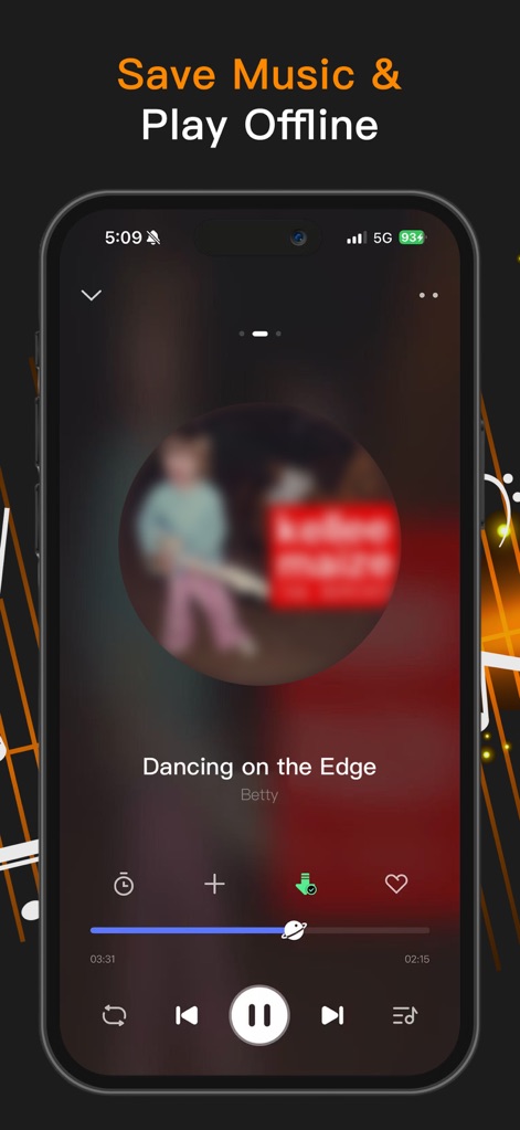 Music X : Offline Music player - La aplicación subraya su funcionalidad offline, permitiendo a los usuarios guardar música y disfrutar de una experiencia de reproducción completa con controles intuitivos como el botón de 'descarga' y una barra de progreso detallada.
