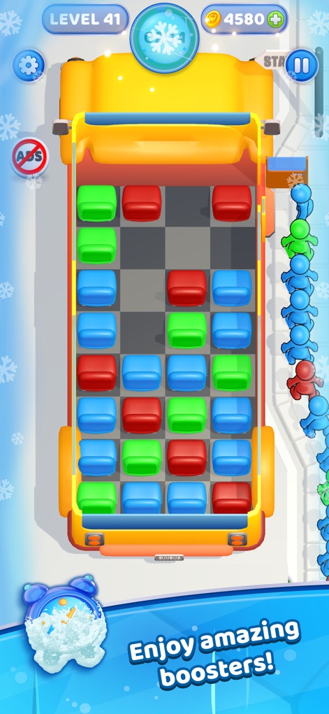 Seat Away - Cet écran met en lumière les différents thèmes saisonniers, comme le décor hivernal, et l'introduction de boosters, symbolisés par le flocon de neige, pour aider les joueurs.