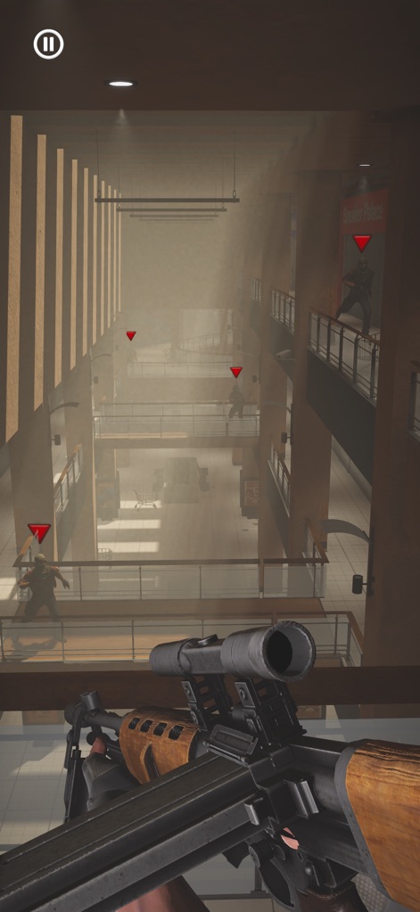 Sniper Agent: Offline Shooter - Users experience strategic multi-level environment design within a grand atrium, utilizing varied weapon aesthetics for precision shots.