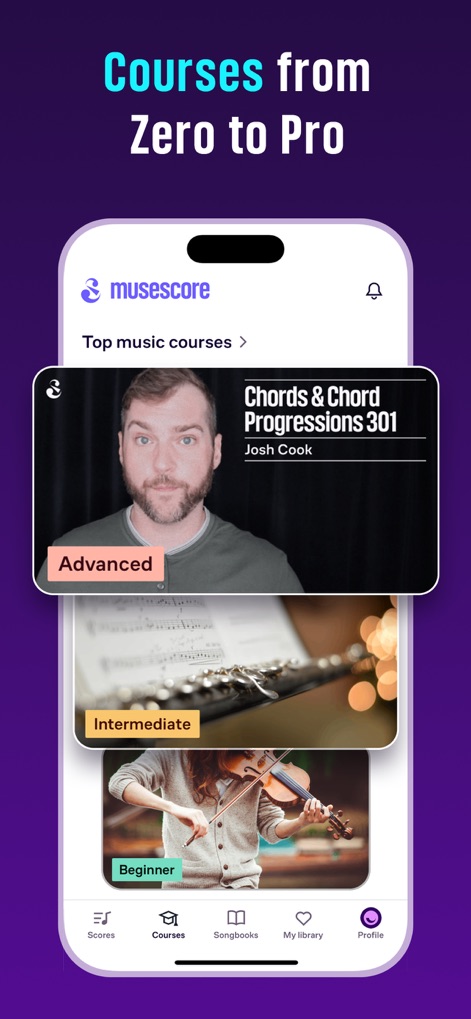 MuseScore－Sheet Music & Chords - The platform offers comprehensive video courses categorized by difficulty levels, allowing users to master new skills with expert instruction.