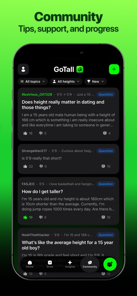 GoTall - Height Predictor - Connect with a vibrant community, discussing topics like "Does height really matter in dating" and sharing insights on "How do I get taller?".